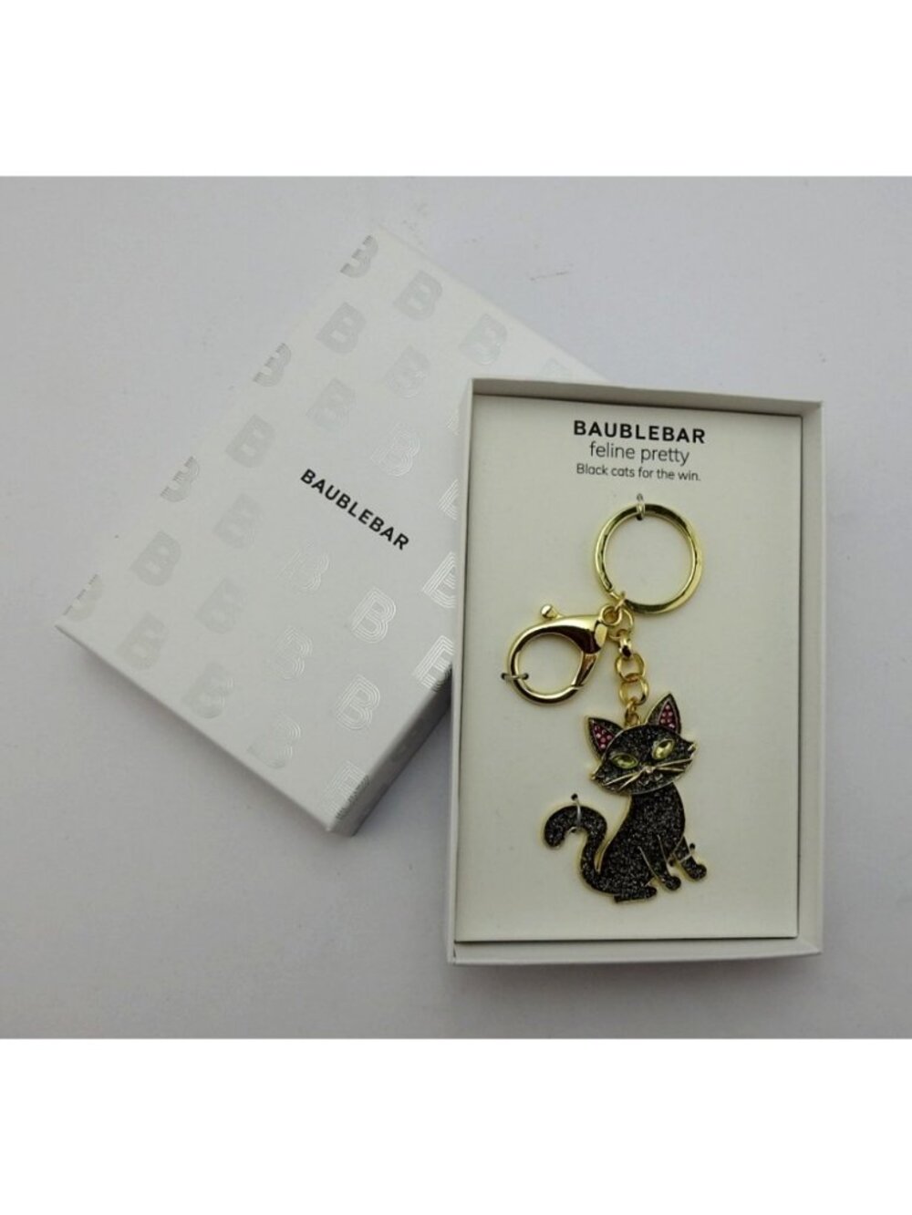 BaubleBar Feline Pretty Black Cat Keychain Bag Charm Glitter Rhinestone NIB